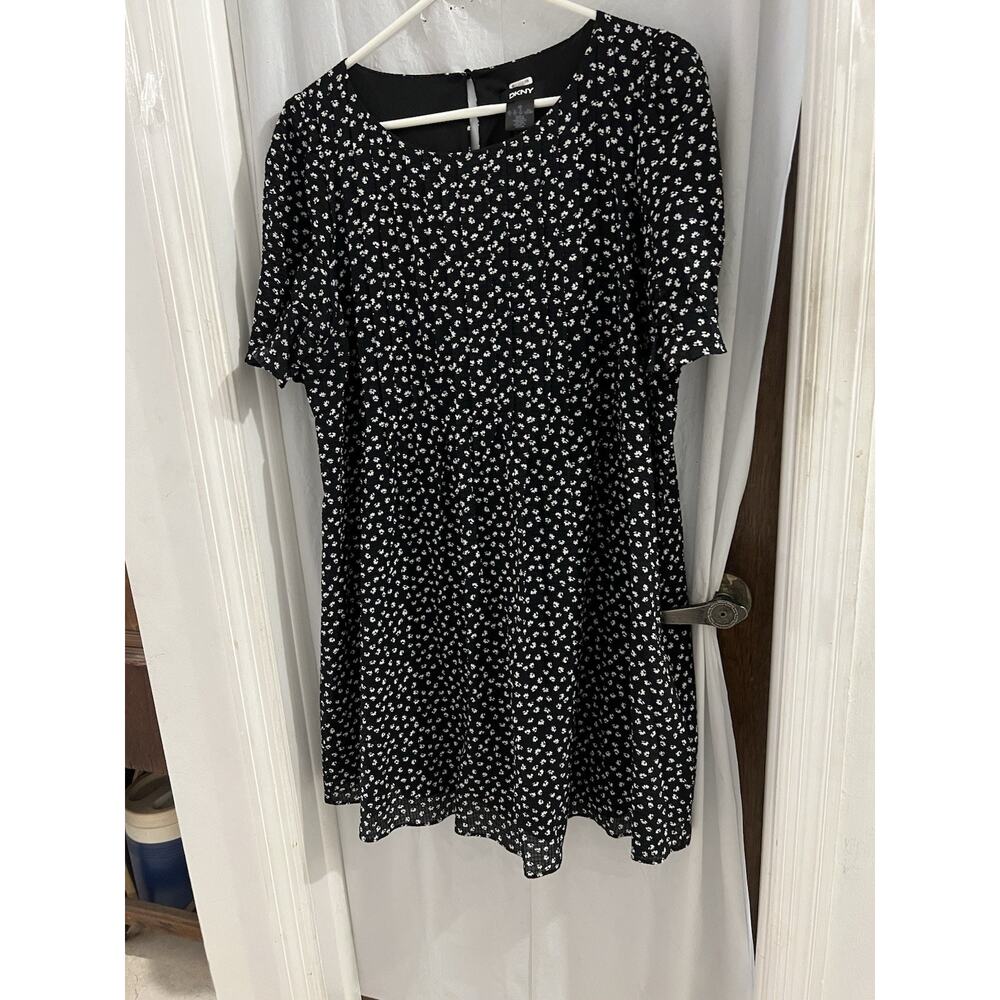 Dkny Black White Floral Pleated Bodice Shift Dress Sz 12
